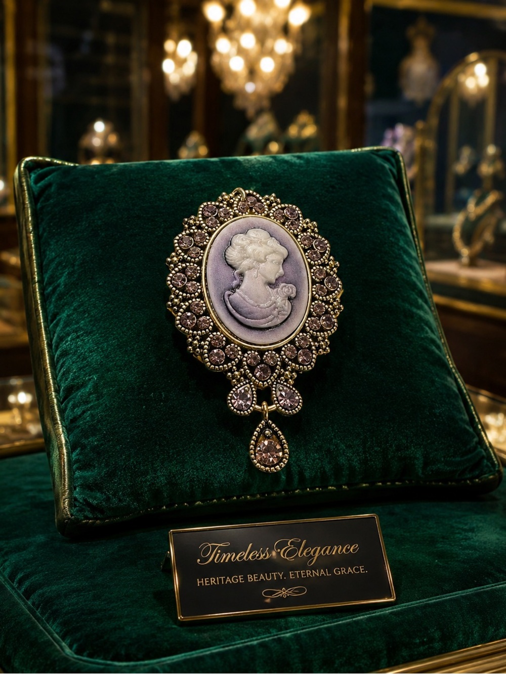 Absolutely stunning large size Purple Cameo with Purple Austrian Crystals Brooch